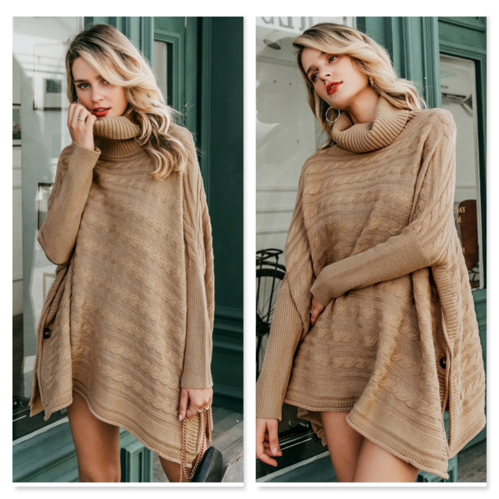 Khaki Cable Knit Turtleneck Poncho - Picture 4 of 8